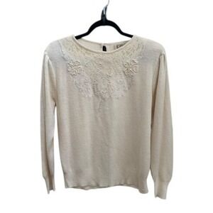 DAllairds Vintage‎ 1950s Cream Lace Pearl Beaded 3/4 Sleeve Sweater Women M
